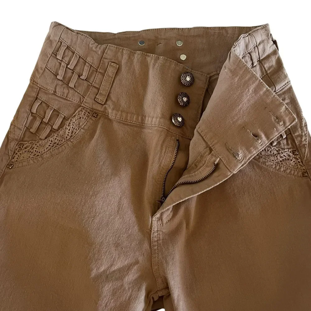 Top Women Khaki High-Waisted Pants No Pockets Size 11 Stretch fabric Casual wear
